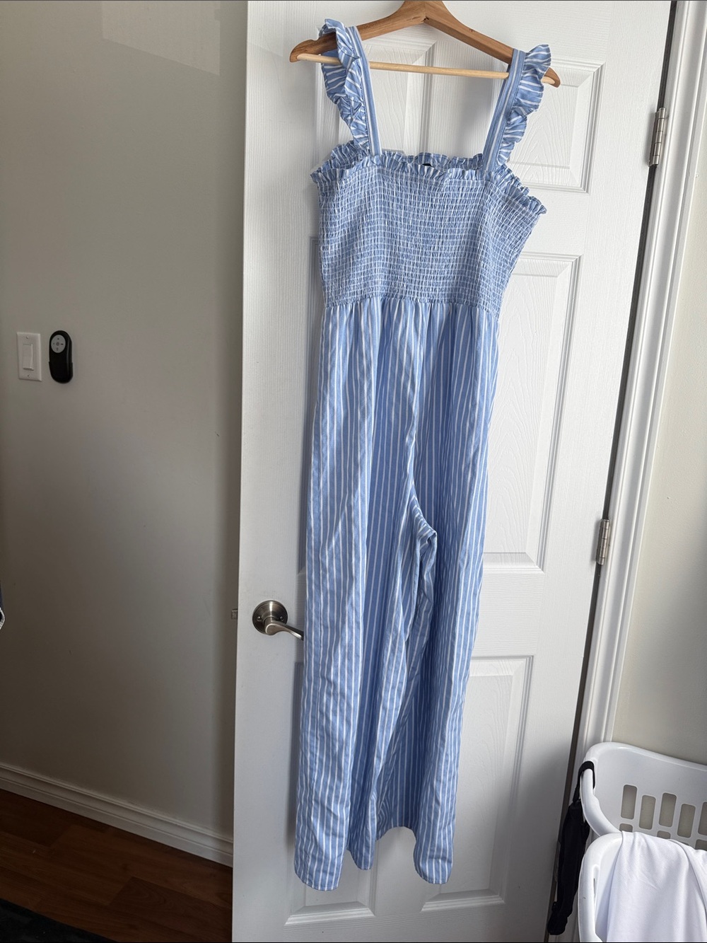 Light Blue Striped Smocked Jumpsuit